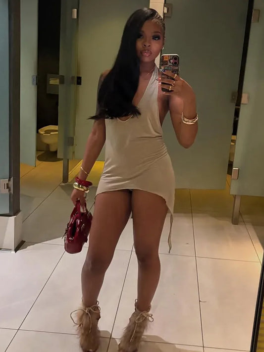 After Hours Deep V Backless Mini Dress