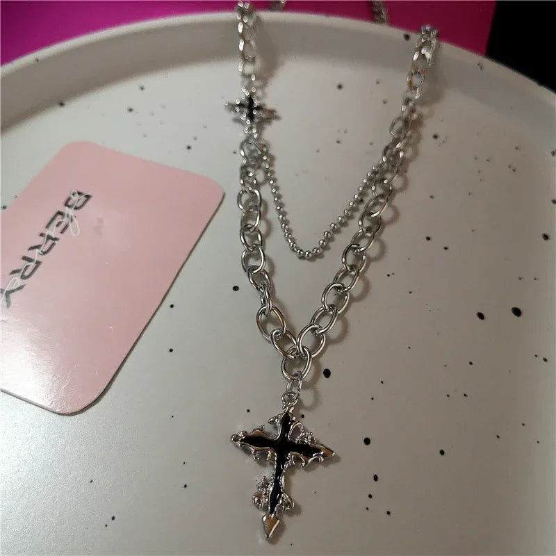 Deux Noir Croix Necklace