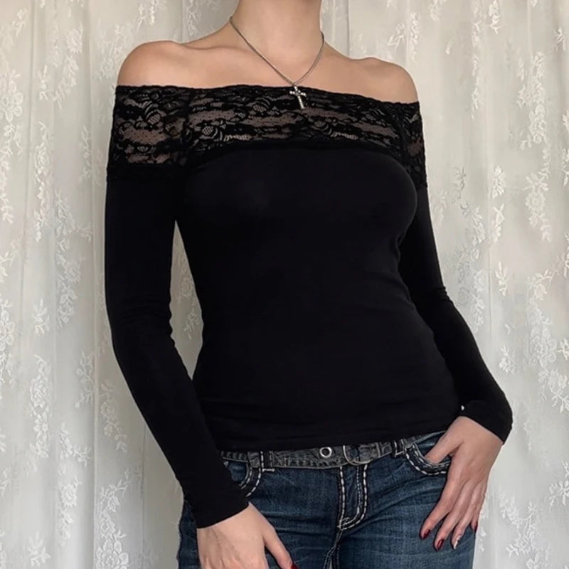 Midnight Siren Lace Trim Long Sleeve Tee